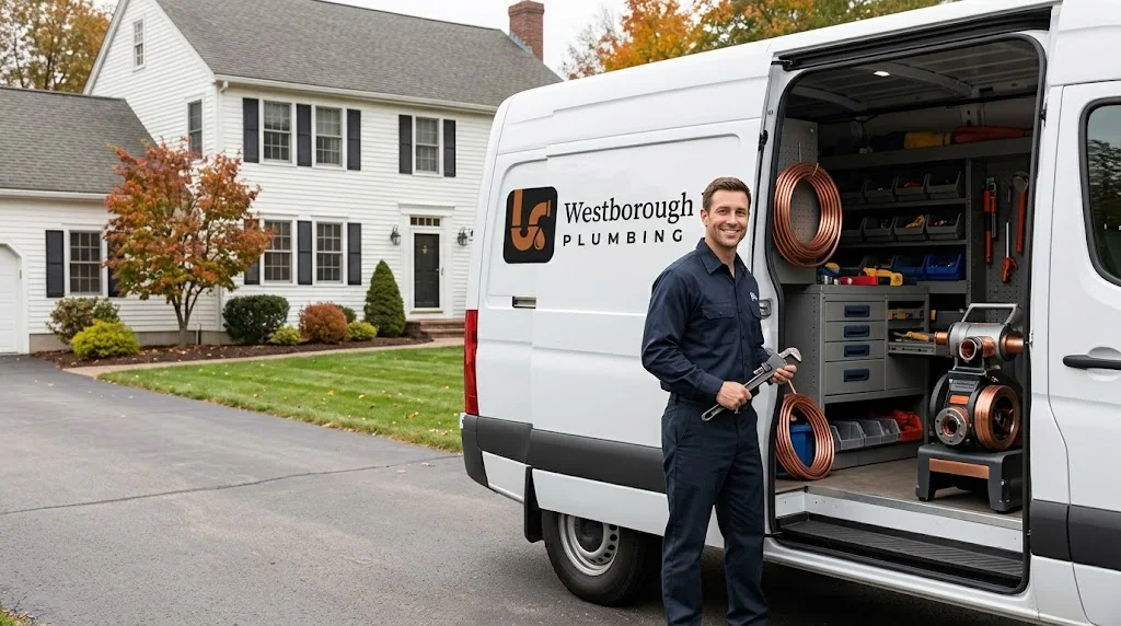 Westborough Pro Plumbing service van parked outside a New England home with a plumber standing at the open side door