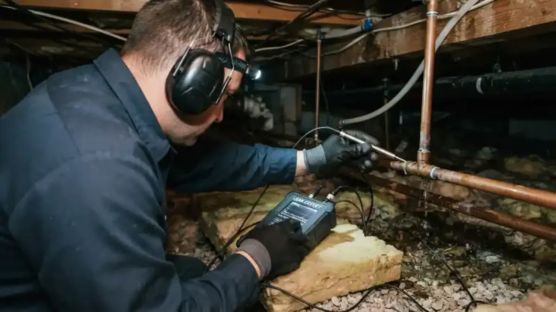 Technician using acoustic listening gear on exposed pipes in a crawl space