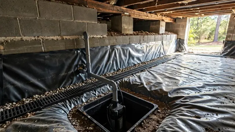 Crawl space lined with a waterproof membrane and a perimeter drain to a sump