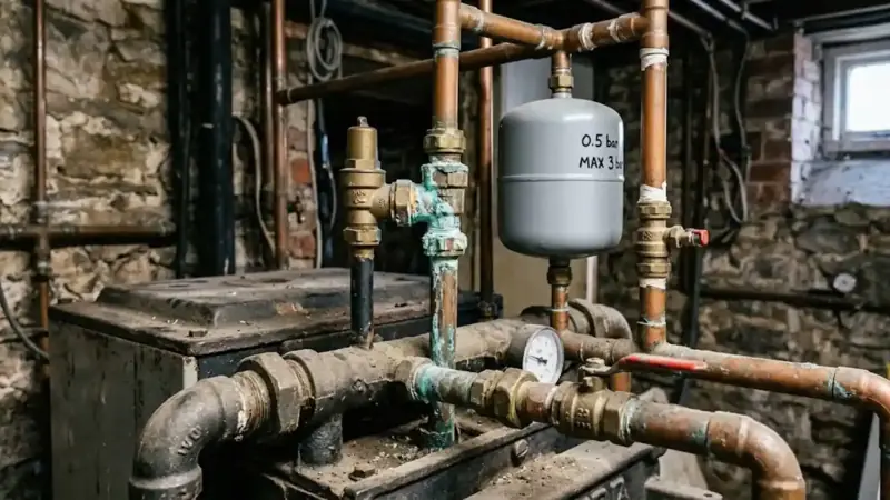 Older boiler with copper piping, a pressure gauge and an expansion tank in a basement