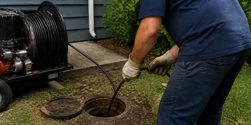 Plumber feeding a cable from a drain machine into a ground-level cleanout