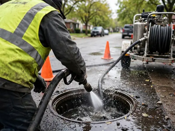Worker in a high-visibility vest using a hydro jetting hose at a street access cover