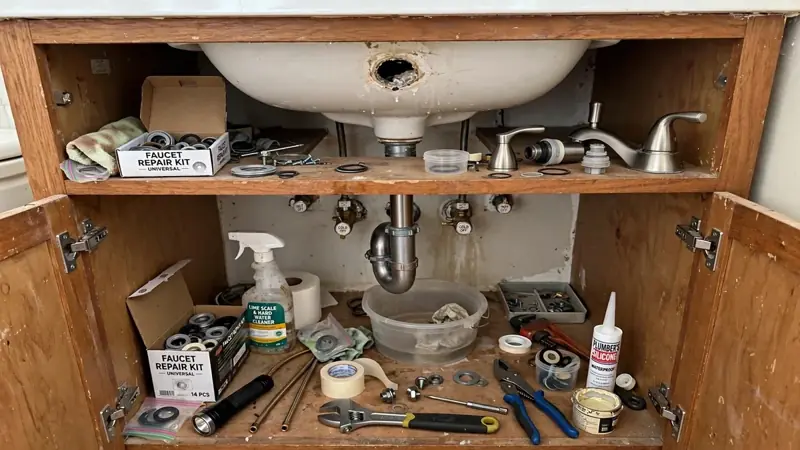 Cabinet under a kitchen sink with faucet repair parts, tools and sealant laid out