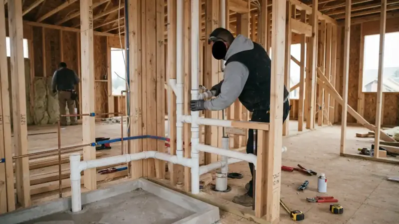 Plumber working on white drain and vent piping inside a framed wall