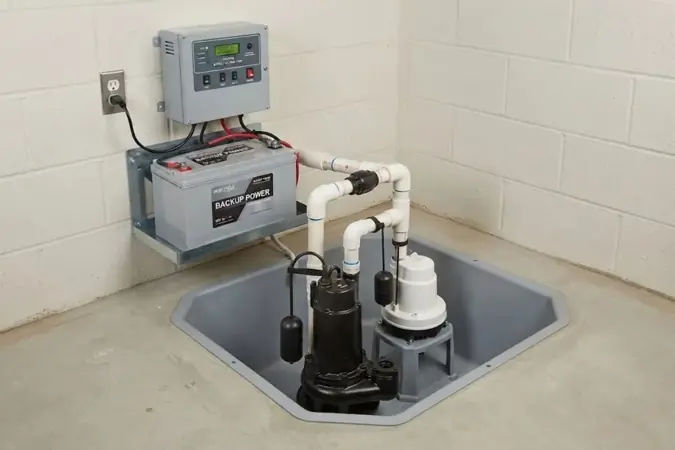 Sump pump with a battery backup unit and alarm panel in a basement