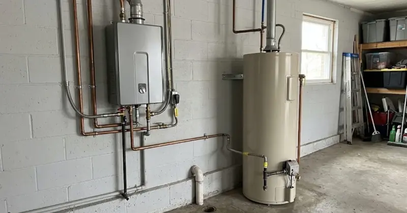Tankless water heater mounted on a wall beside a tank water heater