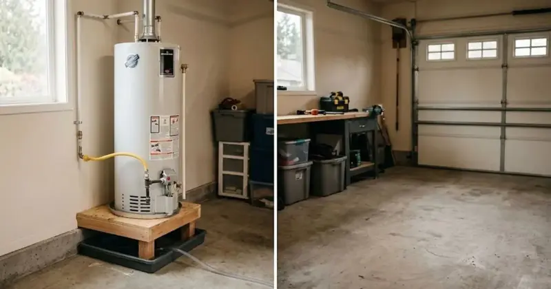 Tank water heater on a stand in a residential garage