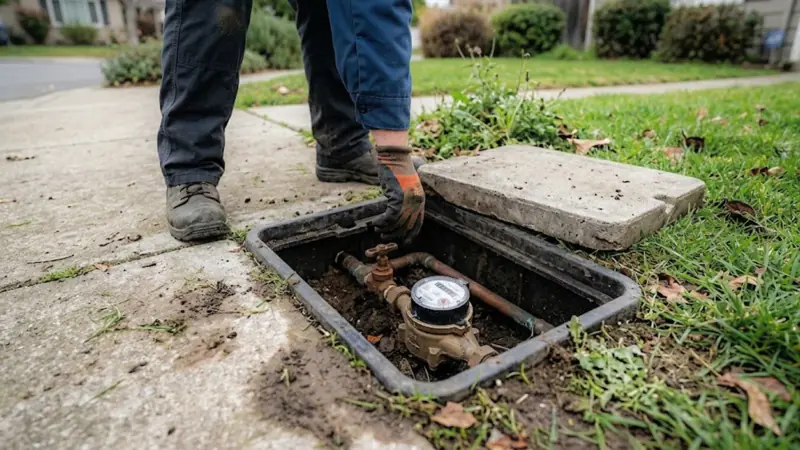 Person opening an in-ground water meter box at the edge of a lawn